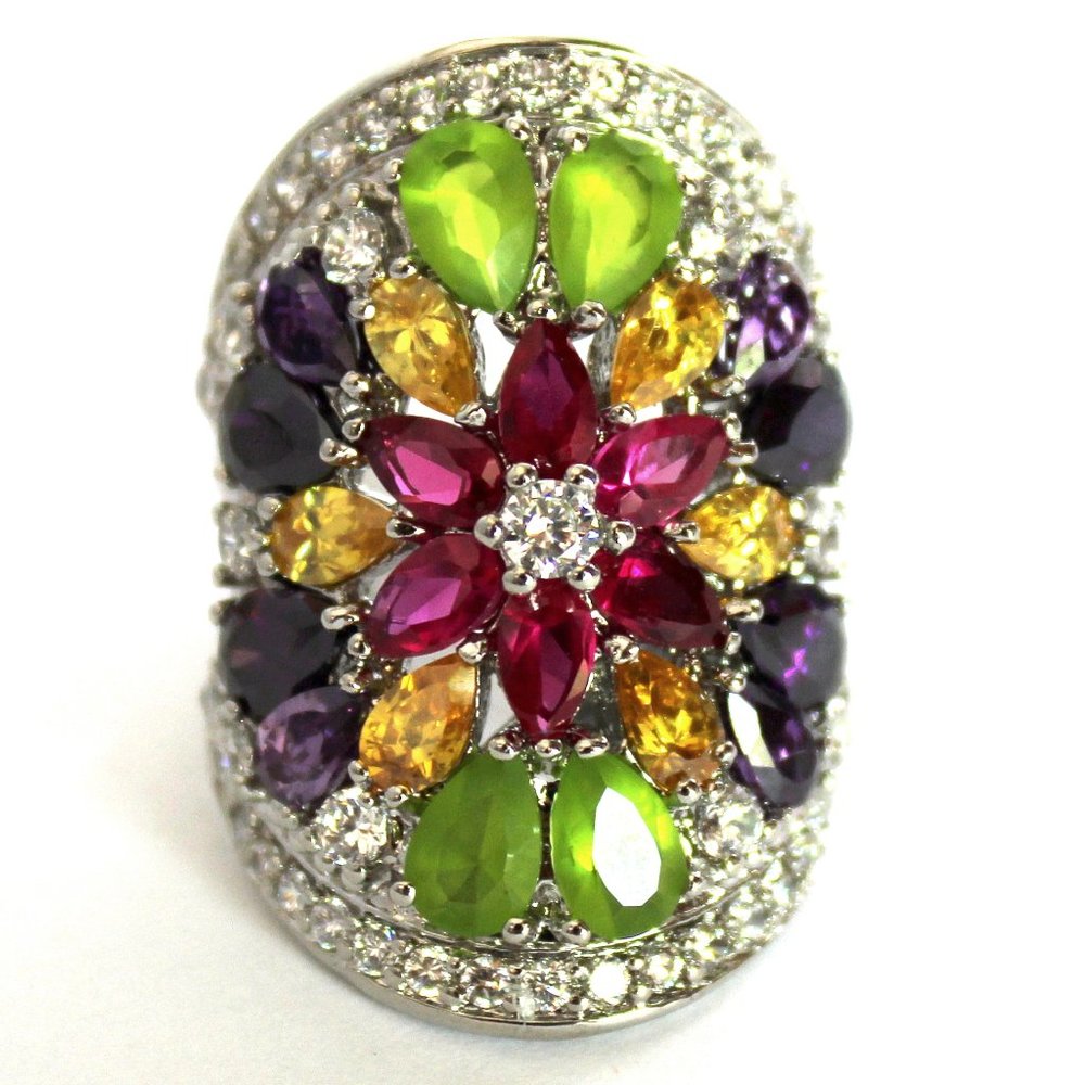 Ladies Wide Multi Citrine Rose Amethyst Clear Cz Flower Colorful Burst Ring